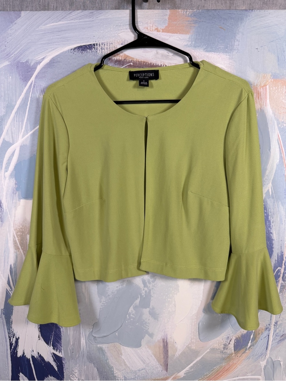 Perceptions NY Olive Green Zip Front Bell Sleeve Jacket Bolero Size S